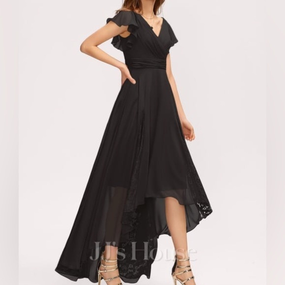 A-line V-Neck Asymmetrical Lace Chiffon Bridesmaid Dress With Pleated Size 18W - Picture 6 of 7